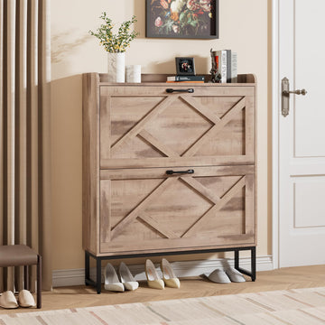 Shoe Cabinet with 2 Flip Drawers, Freestanding Shoe Storage Cabinet, Narrow Shoe Organizer Cabinet, Farmhouse Slim