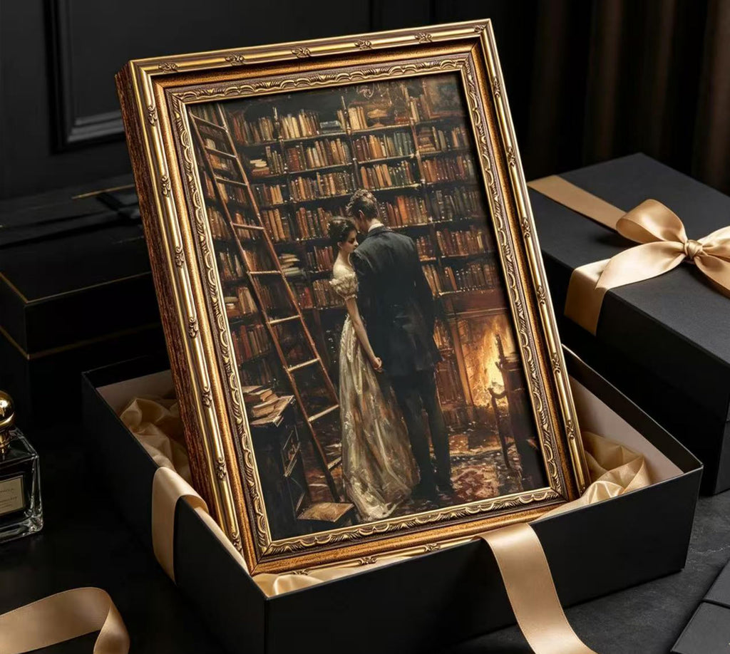 Vintage Gold Framed Library Couple Wall Art, Dark Academia Romantic Canvas Print, Moody Romantic Victorian Library