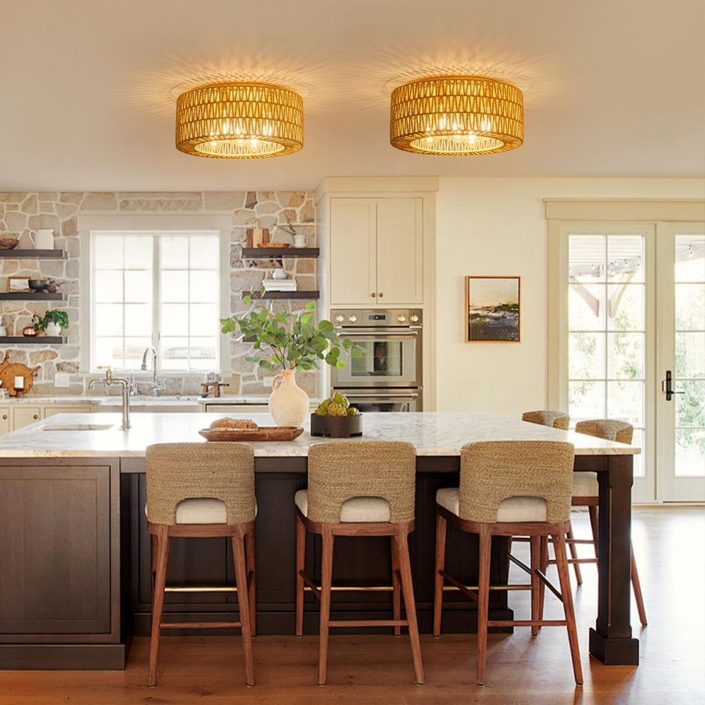 18" Rattan Light Fixture, 5-Light Boho Ceiling Light, Gold Flush Mount Ceiling Light