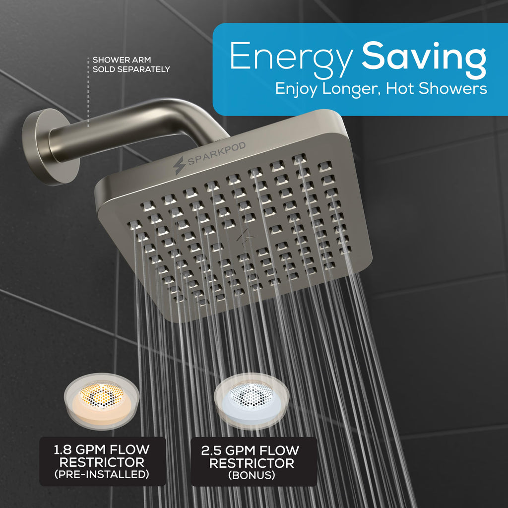 Rain Shower Head, 8 Inch Square, Elegant Brushed Nickel Finish