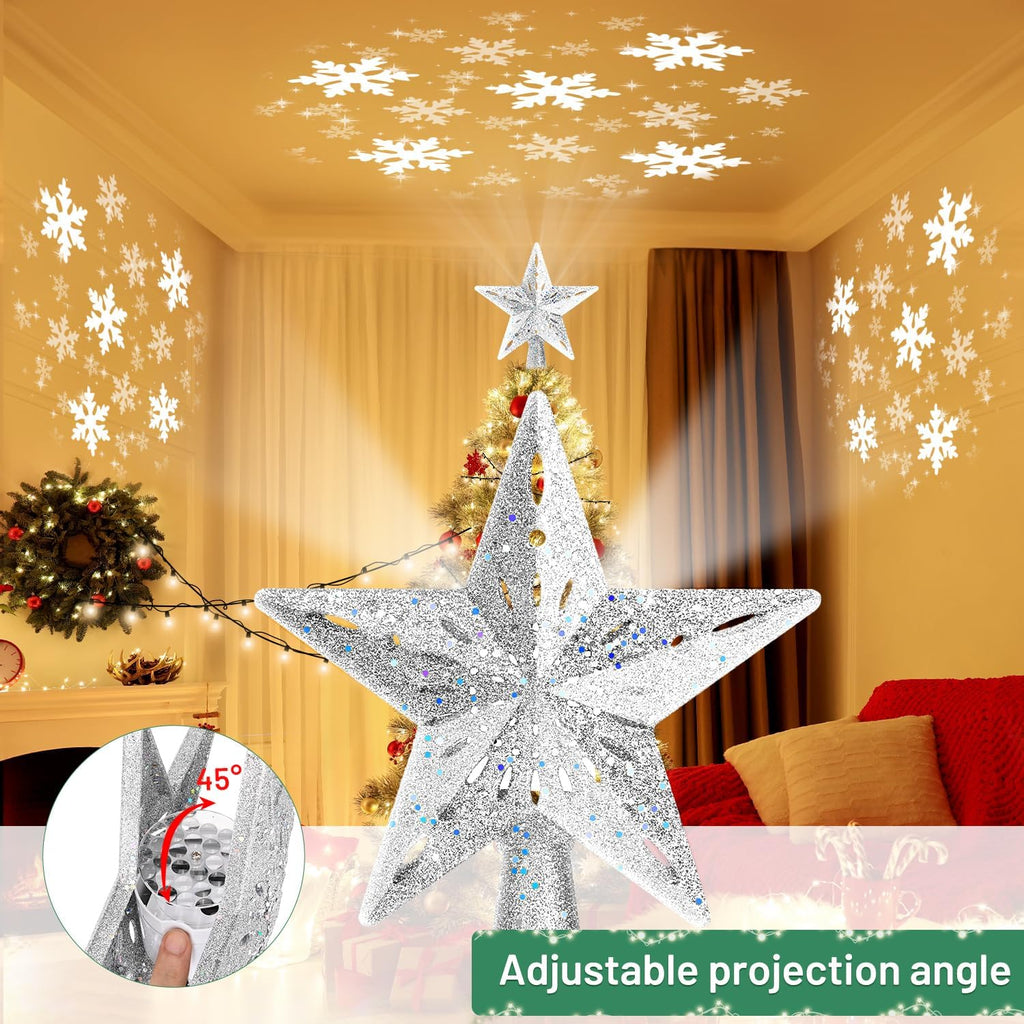 Christmas Tree Topper Lighted with 6 Projection Modes, Christmas Star Tree Topper Built-in LED Rotating Lights