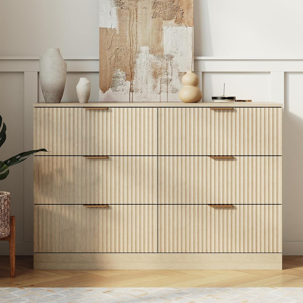 Modern Fluted 6 Drawer Dresser, Wide Wooden Storage Cabinet with Metal Handles, Silent Glide Drawers, Anti-Tip Chest