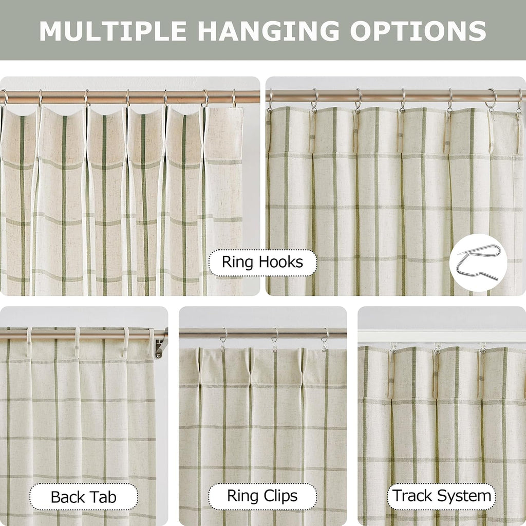 Sage Green Plaid Linen Pinch Pleated Semi Sheer Curtains Checkered Light Filtering Window Panels 84 inches Long for Living Room Bedroom Rustic Pleat Drapes with Back Tab Hooks 40" Wx84"Lx2
