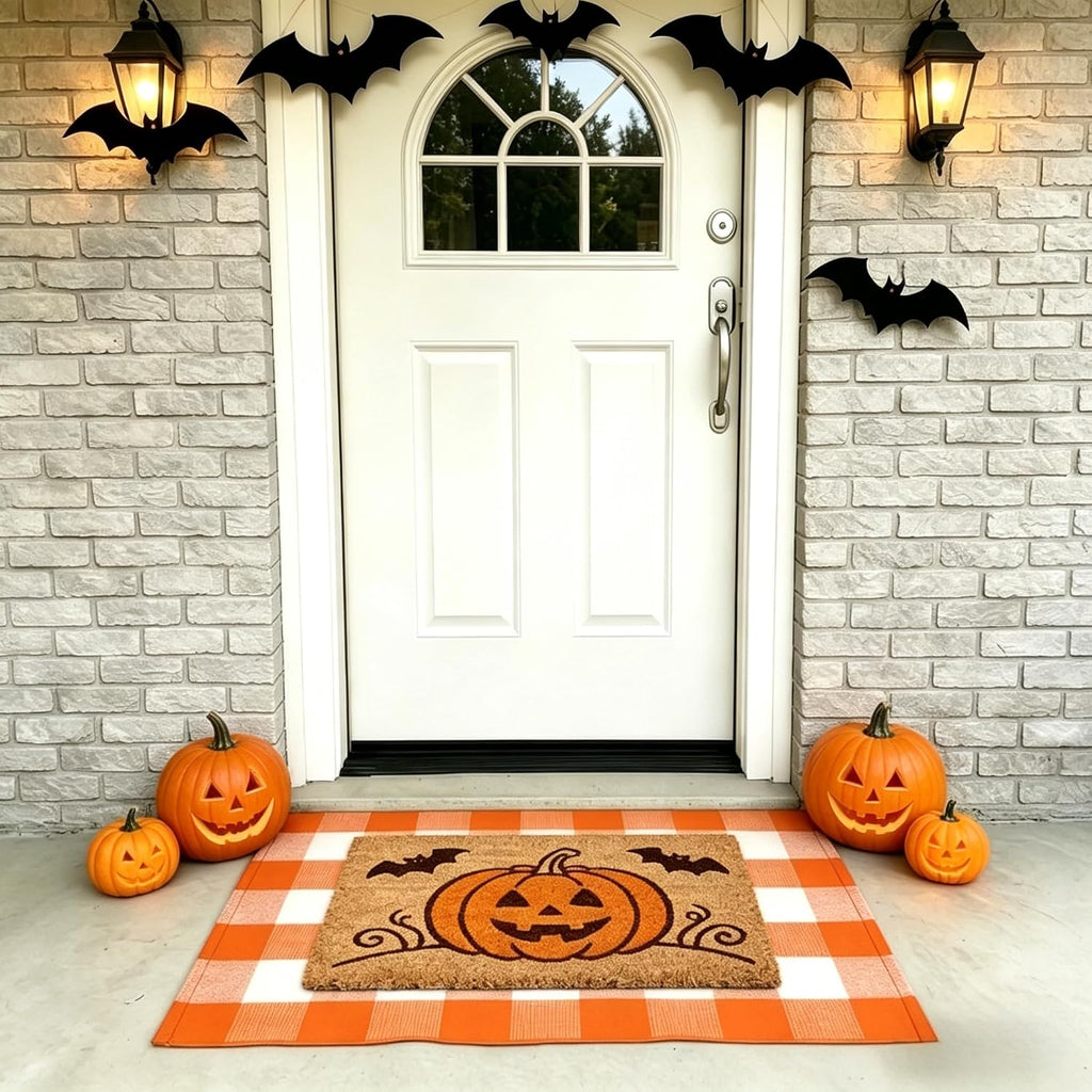 Halloween Pumpkin Layered Doormat, Coco Coir Door Mat Orange White Buffalo Plaid Rug, 2 Pcs Outdoor Mat Set for Front