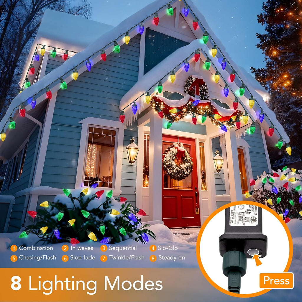 C9 LED Christmas Lights Outdoor,33 Feet 50 LED 8 Lighting Modes Waterproof Connectable Christmas String Lights for
