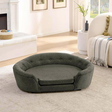 Oval Semi-Enclosed Dog Sofa Bed, Comfy Linen Farbic Pet Couch with Soft Cushion, Mini Couch for Small, Medium