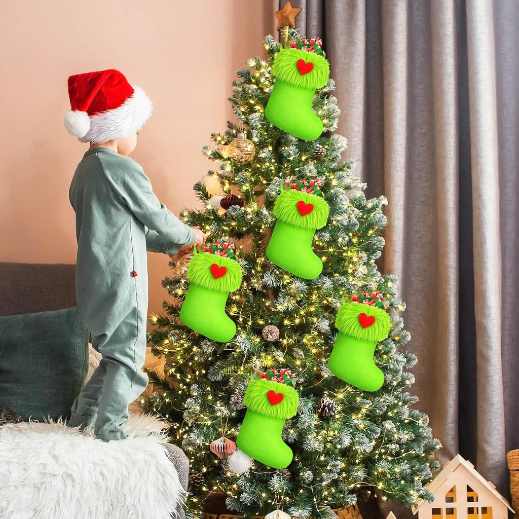 24 Pcs Mini Christmas Stockings 6 Inch Green Faux Fur Stockings