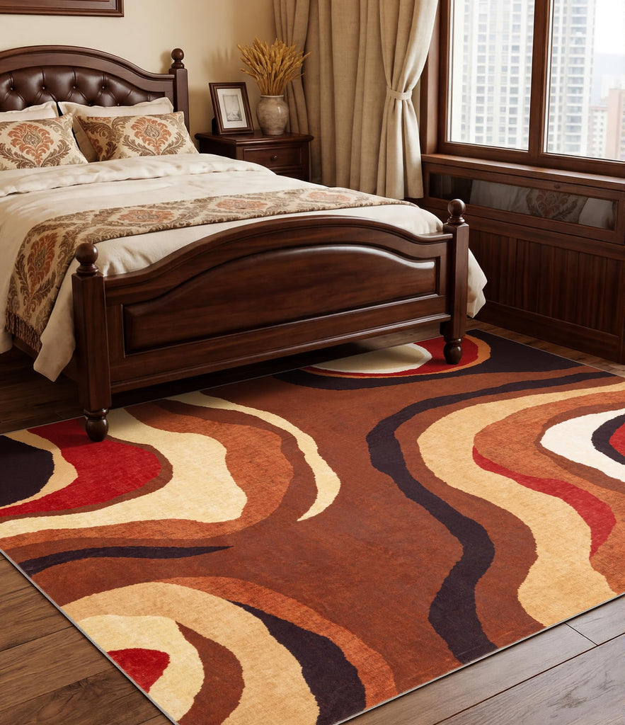 Burnt Orange Rug Washable, Farmhouse Brown Retro Carpets, Geometric Abstract Wavy Rug, Unique Colorful Rugs