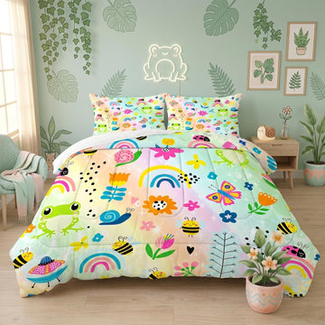 Rainbow Comforter Sets Cartoon Floral Frogs Bedding Set for Girls Kids Children Boys Butterfly Flowers Bees