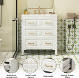 30 Inch Bathroom Vanity with Sink, Freestanding Solid Wood Cabinet with 3 Drawers, Tip-Out Drawer, Ceramic Sink & Gold Handles