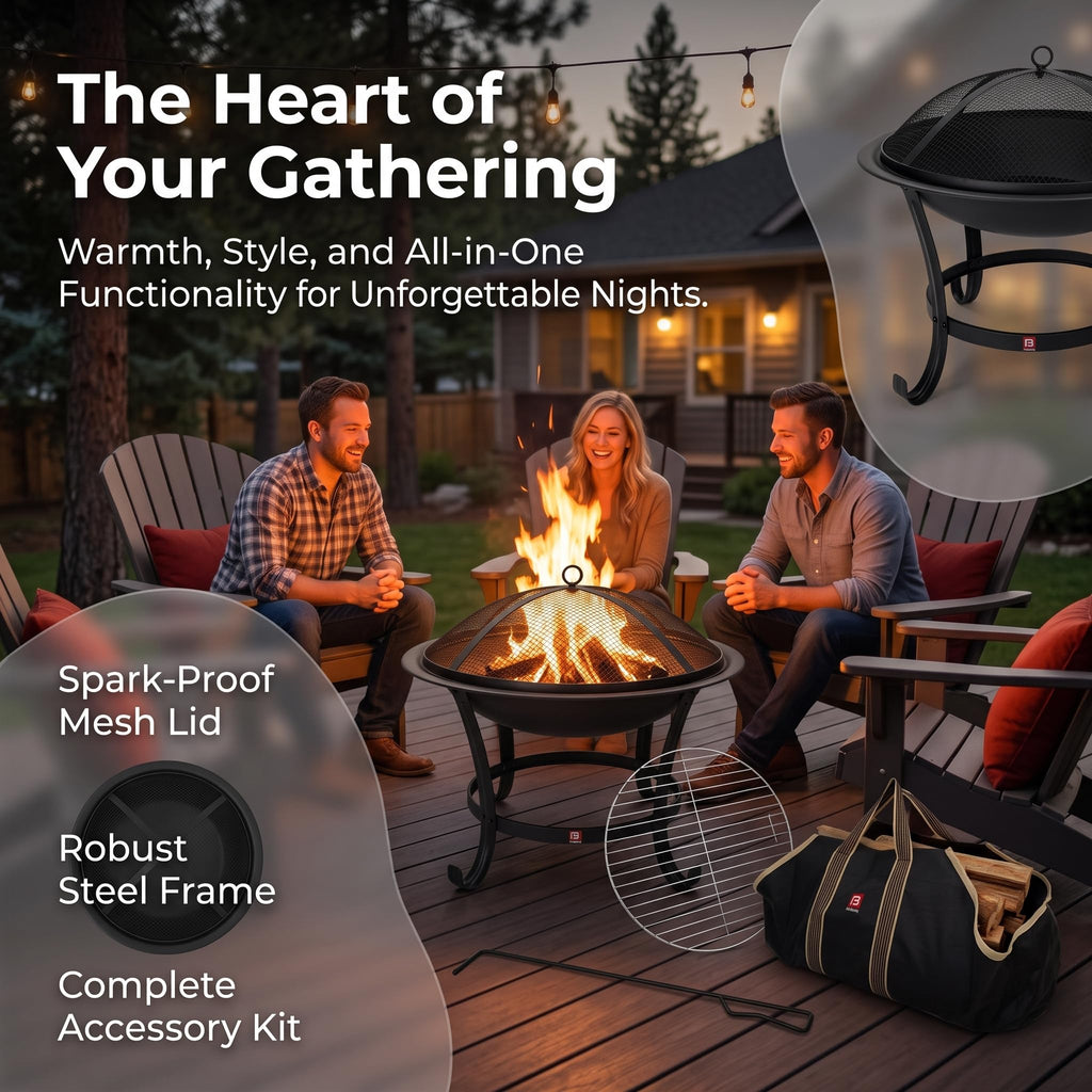 22" Fire Pit with 2-in-1 BBQ Grill, Spark Screen & Tote Bag