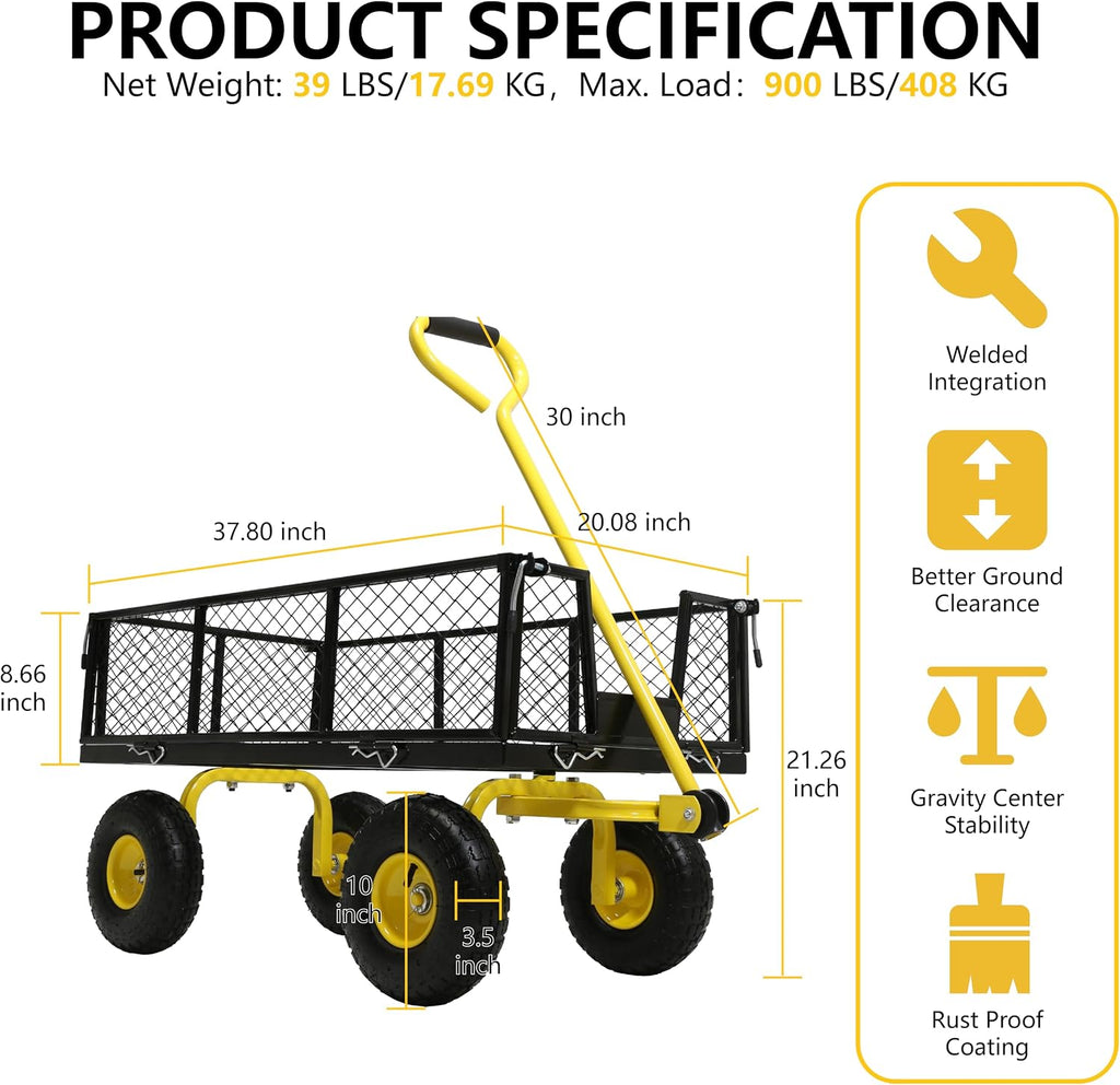 Steel Garden Cart, 2-in-1 Heavy Duty Utility Wagon 900 LBS Capacity Carts with Removable Mesh Sides to Convert into