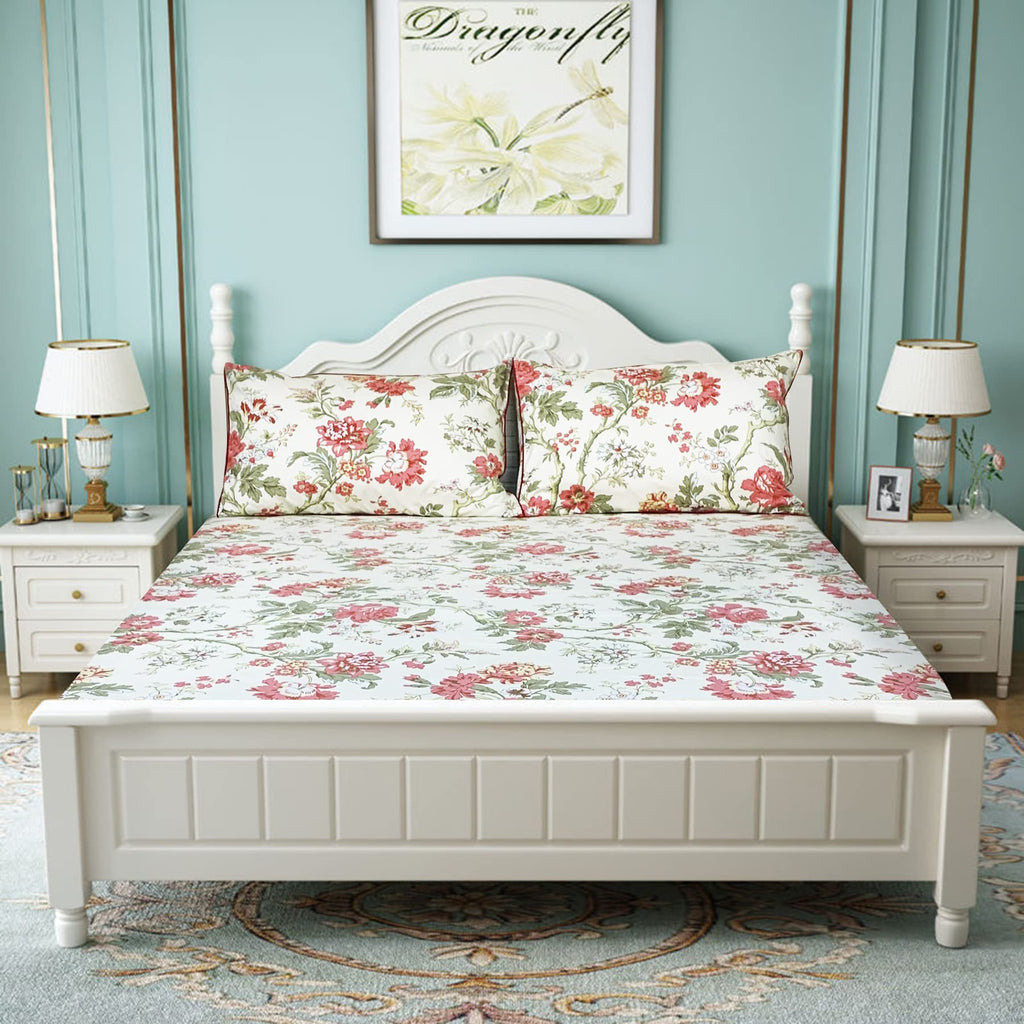 100% Egyptian Cotton Sheet Sets - Queen Vintage Rose Floral Bedding - Super Soft Farmhouse - Deep Pocket Fitted Sheet