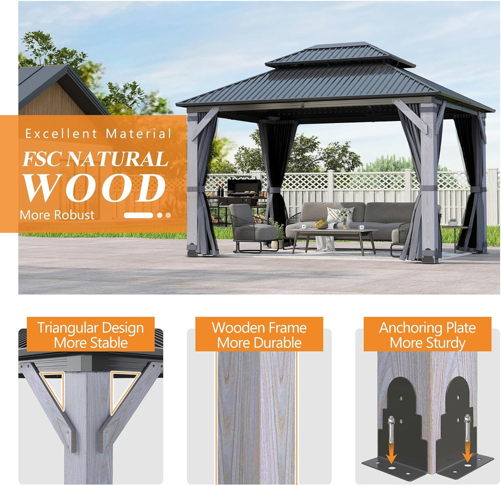 10' x 12' Outdoor Wood Gazebo - Permanent Wooden Hardtop Gazebo Pavilion with Double Curtains