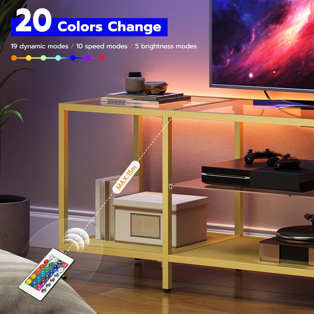 TV Stand with LED Lights and Power Outlets for TVs up to 65", Modern 55 Inch Tempered Glass TV Console Table with