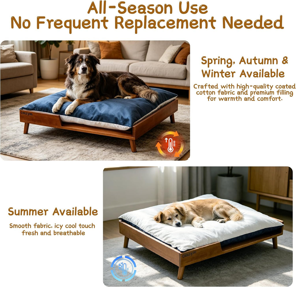 Elevated Dog Bed, Solid Wood Raised Pet Bed Frame with Cushion, Large