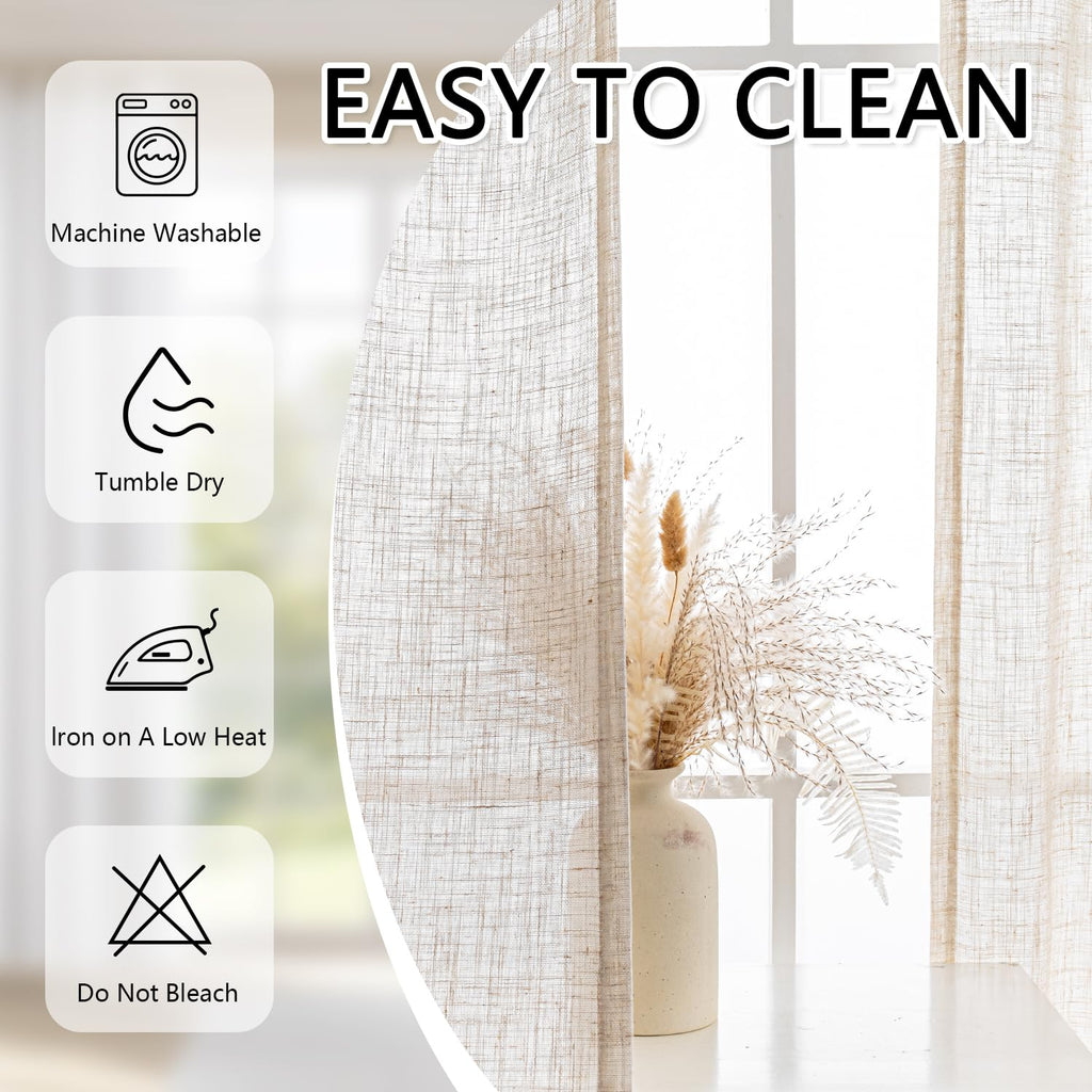 Kitchen Semi Sheer Linen Curtains 24 Inch Long, Light Filtering Window Panels Rod Pocket Valance Neutral Drapes for