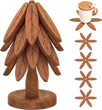 Wooden Trivets for Hot Dishes, Tree Shape Trivet Set, 4 Collapsible Trivet with 1 Stand, Suitable for Hot Pots Pans - Set of 4