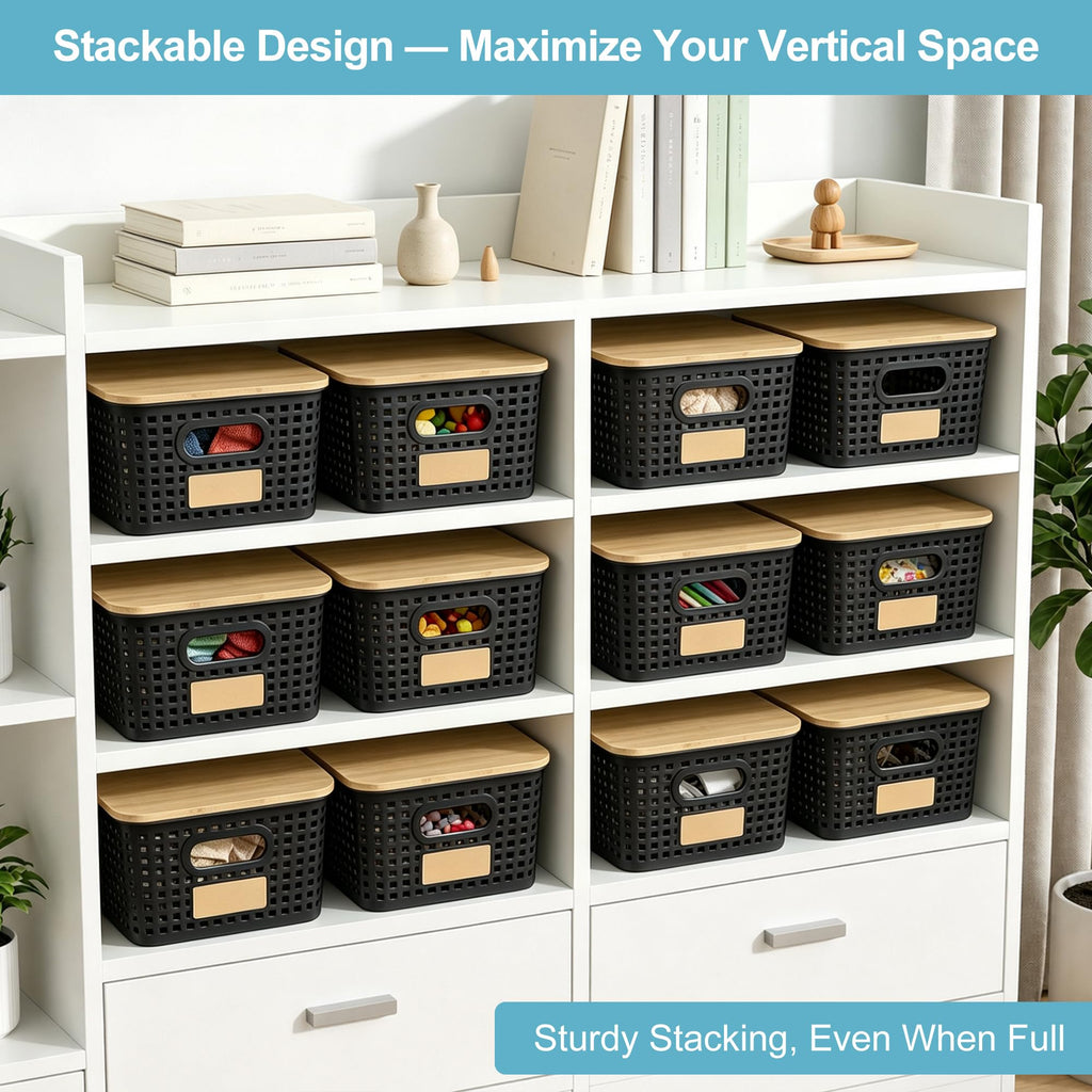 Small Plastic Storage Bins with Bamboo Lids 5.2qt Stackable Box Basket Pantry Decorative Containers Cute with Lable