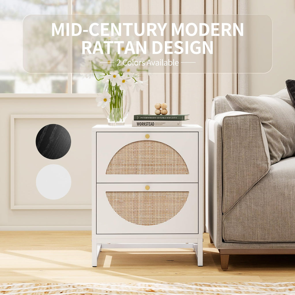 Rattan Nightstand with 2 Drawers, Wooden Rattan Weaving Bedside Table Accent, Rustic Side Table Night Stand with
