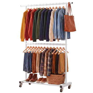 Double Rod Metal Clothing Garment Rack on Wheels, White
