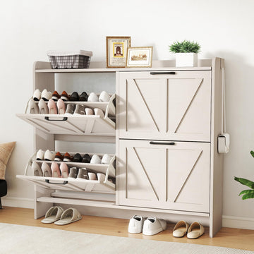 Farmhouse Shoe Storage Cabinet with 4 Flip Drawers, Shoe Rack Cabinet with Wooden Legs&Adjustable Shelves