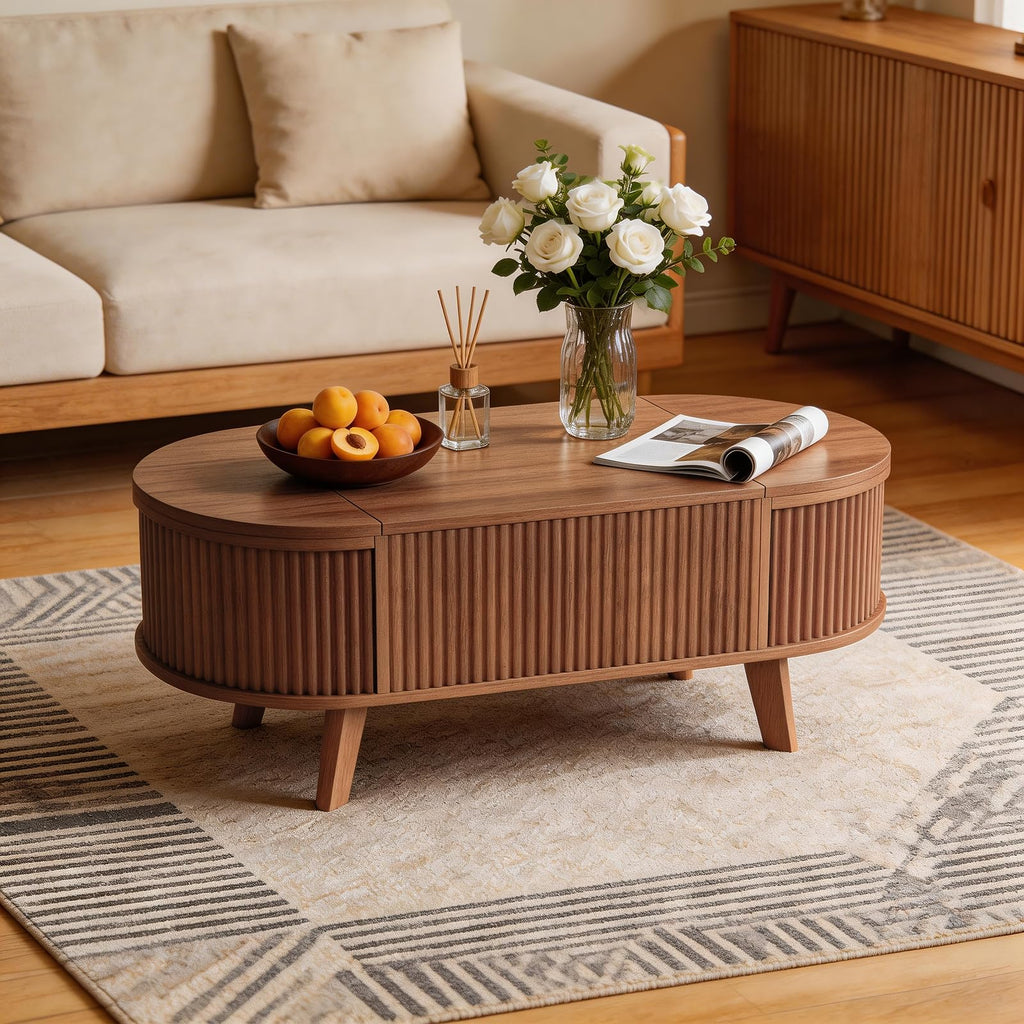39.4" Oval Fluted Coffee Table with Lift Top, Hidden Storage, Walnut