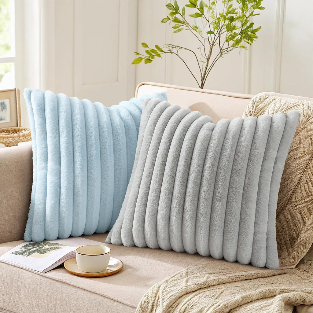 Faux Fur Decorative Throw Pillow Covers 16x16 Set of 2, Light Grey
