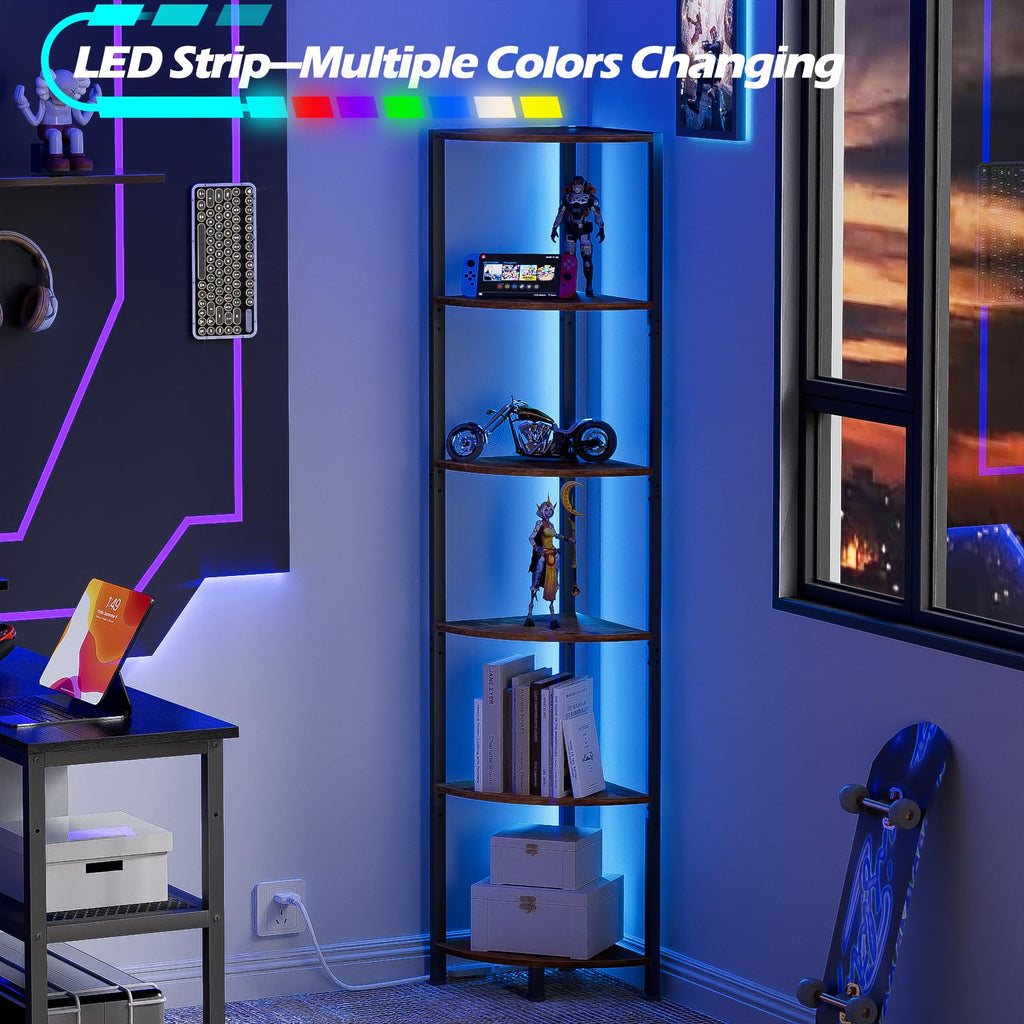 6 Tier Corner Shelf with LED Light, 67.5" Corner Narrow Bookshelf