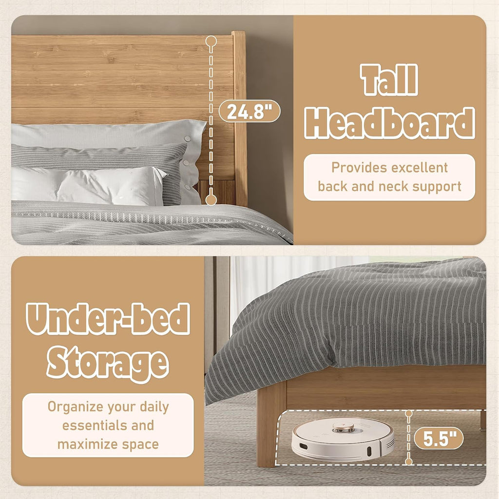 Bamboo Platform Bed Frame with Tall Headboard, Solid Bamboo Bed Frame with Support Slats, Modern Low