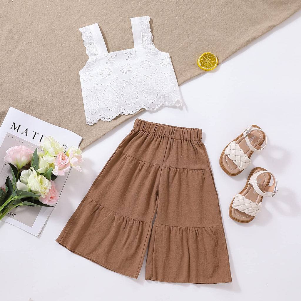 2PCS Baby Girl Sleeveless Strap Lace Crop Vest Tops + Flared Wide-Leg Pants Toddler Summer Outfits Set Clothes