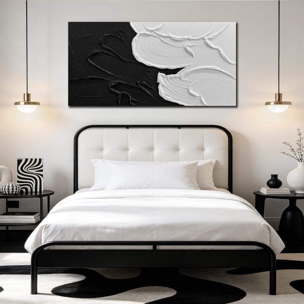 Black and White 3D Textured Abstract Oil Painting 48x24 Inch