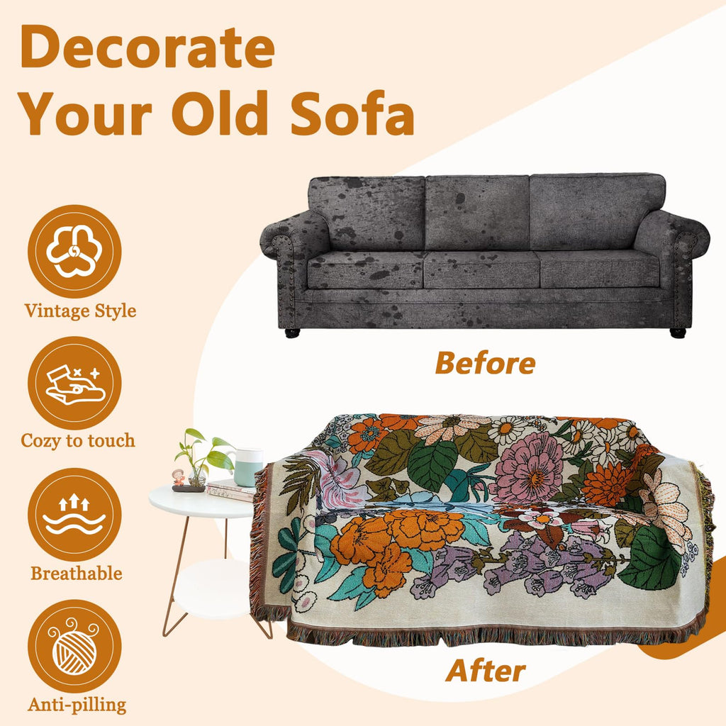 Floral Couch Cover Blanket Botanical Farmhouse Throw Covers for Sofa Couch Loveseat Cover for 2 Cushion Couch Vintage