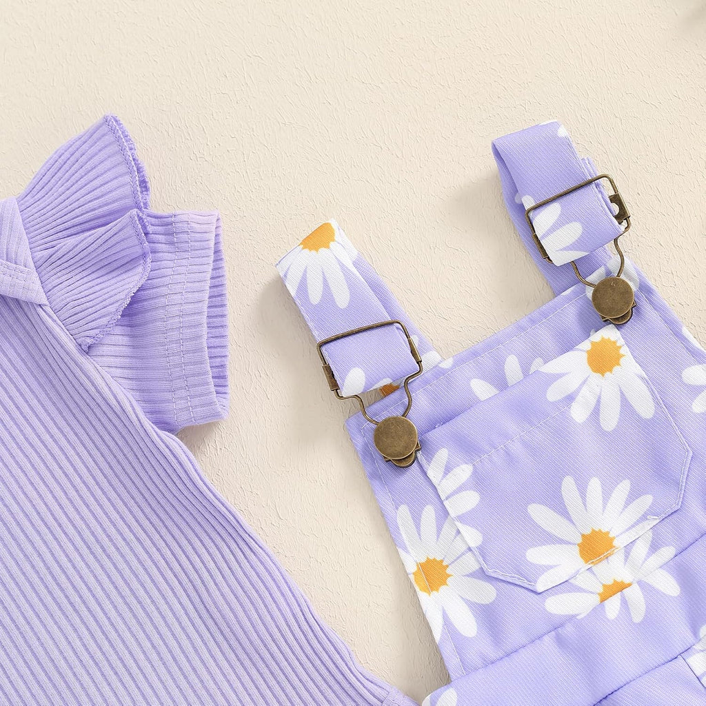 Newborn Baby Girl Clothes Summer Outfit Short Sleeve Ribbed Romper Floral Suspender Overalls Shorts Set