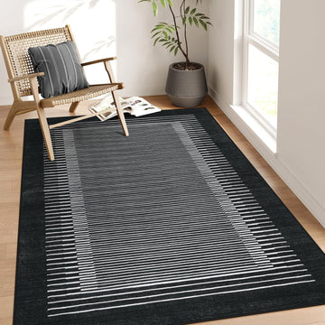 Washable Striped Washable Area Rug, Non-Slip Black Berber Stripe Rugs, Low Pile Minimalist Floor Carpet Rugs