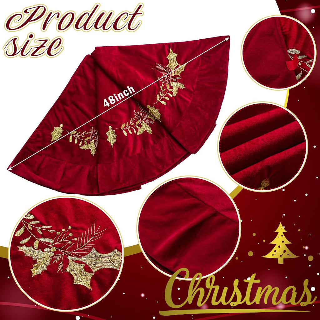 Christmas Tree Skirt, 48 Inches, Gold Embroidered Holly Style, Red