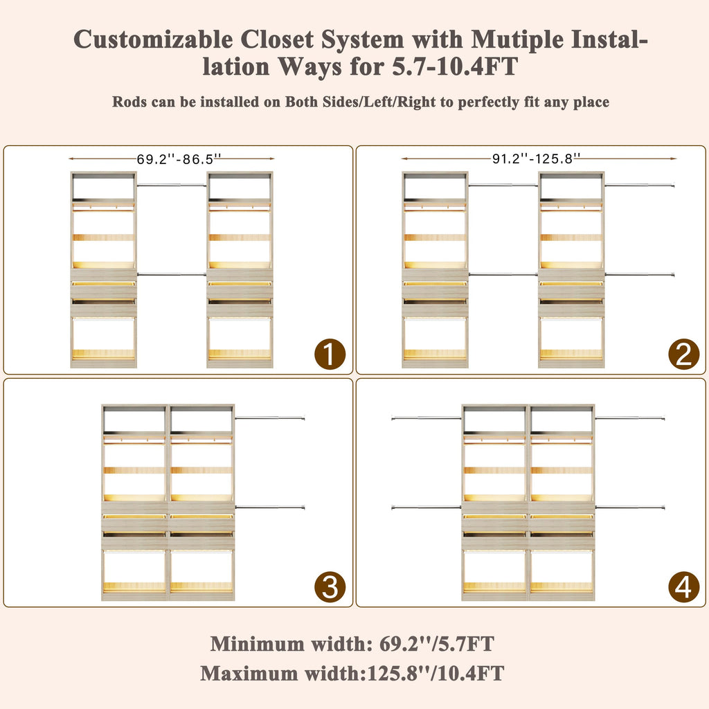 Closet System, 4-8 FT Closet Organizer with 3 Wood Drawers & Glass Top, Oak