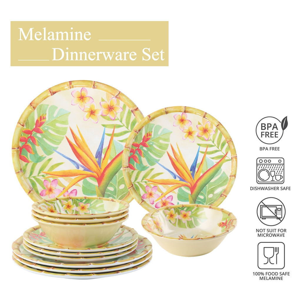 12 Piece Bird of Paradise Melamine Dinnerware Sets, Outdoor Dishes Set, Plates and Bowls Sets, Service for 4