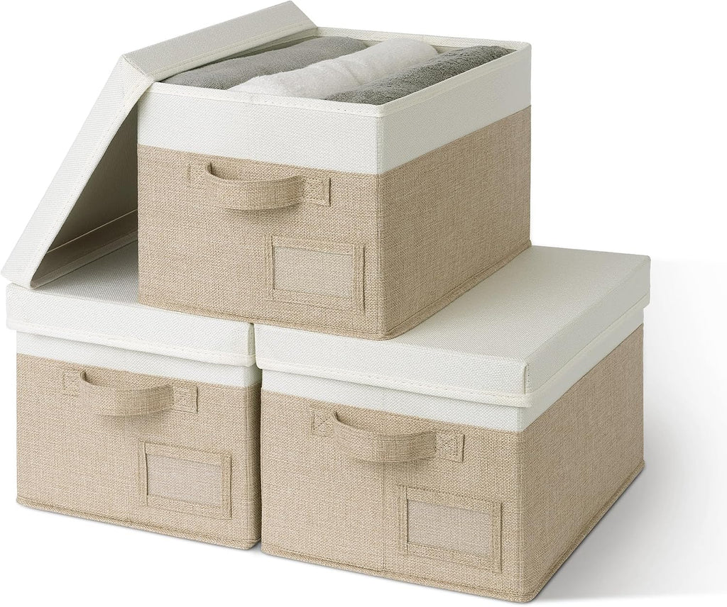 Storage Basket with Lid, Linen Fabric Storage Bins with Label, Decorative Storage Boxes, Clothes Storage and