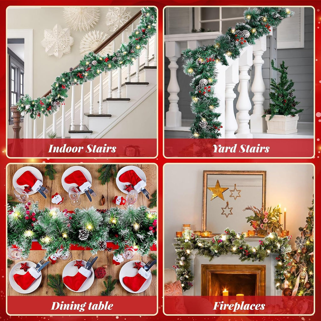 With Lights, Timer Artificial Lighted Garland Indoor for Stairs, Fireplace, 50 Lights Green Garland, Christmas