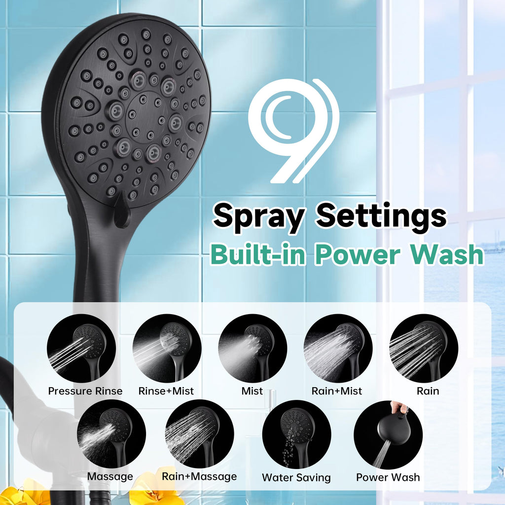 High Pressure Shower Head with Handheld, 9 Spray Settings Showerhead Built in Power Wash to Clean Tub and Pets, Extra
