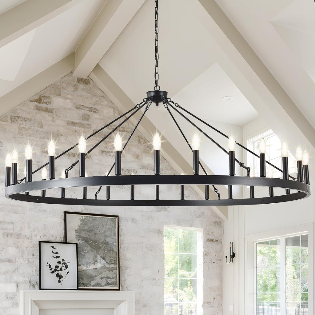 Large black wagon wheel chandelier 64 inch,30-Light Farmhouse wagon Wheel Chandeliers Round Industrial ceiling light fixtures for outdoor porch high ceilings Living Dining Room Foyer Entryway A105-B0D3LF592C