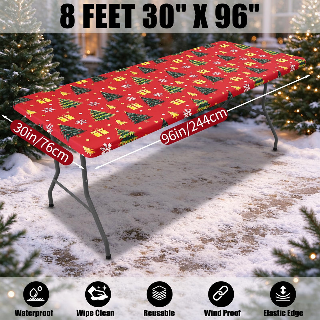 2 Pack Christmas Rectangle Table Cloth 8 Foot, Waterproof Elastic Fitted Tablecloths, Windproof Washable Polyester