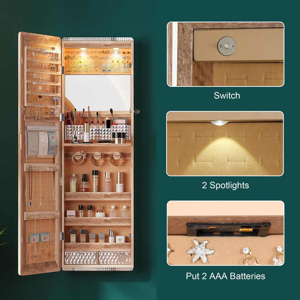 Over the Door Jewelry Organizer with LED Lights, 47.2" Full Length Mirror with Storage, Wall Mounted Jewelry Armoire