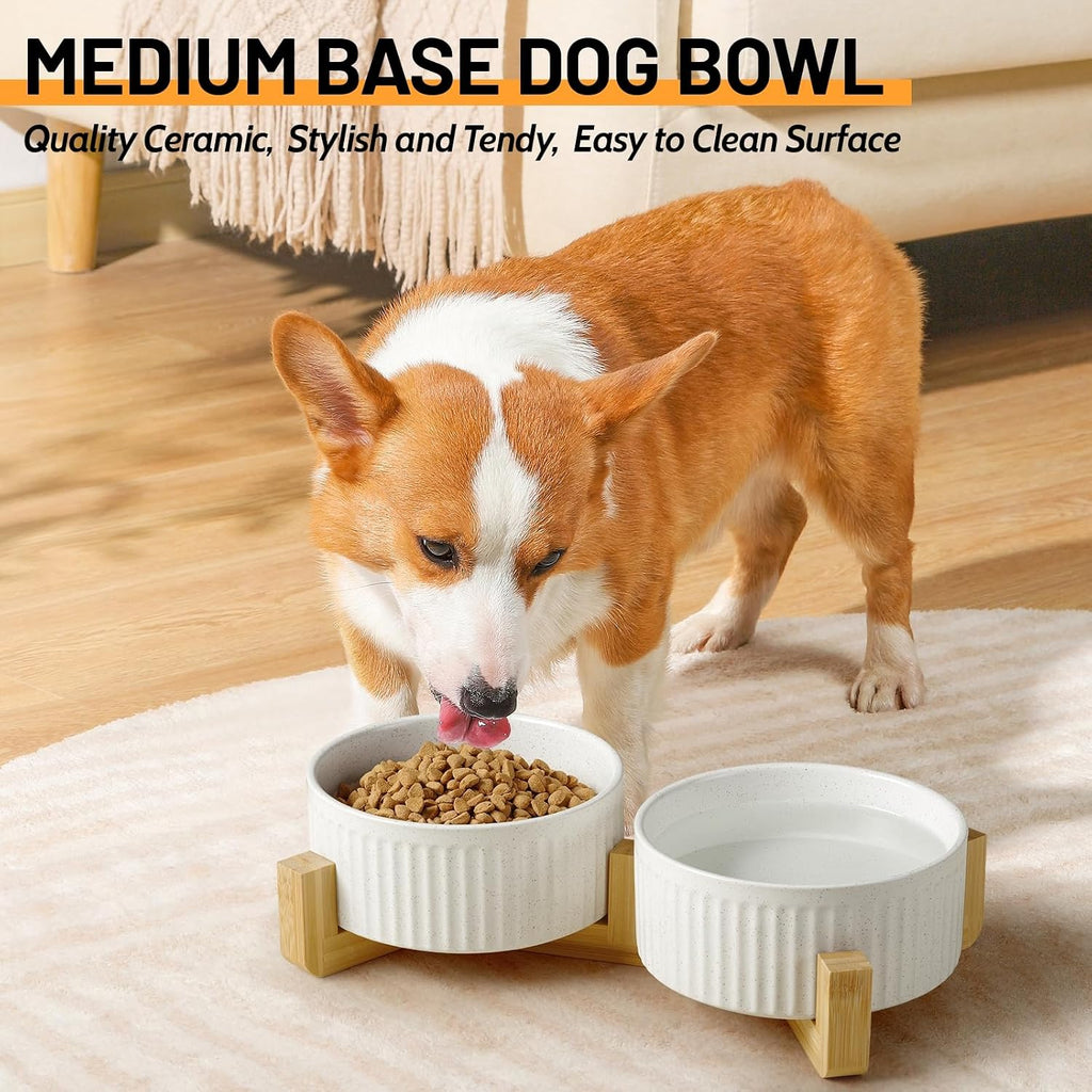 Non-Slip Ceramic Dog Bowls with Wood Stand, 6" Dog Food and Water Bowl Set with Silicone Base, 32 OZ/4 Cups Weighted