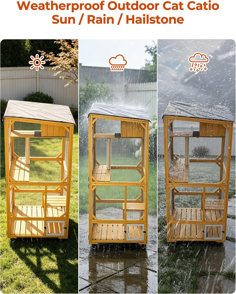 71.7" Catio Outdoor Cat Enclosure, 4 Tier Wooden Cat House with Wheels, Indoor Outdoor Cat Cage with Window Access