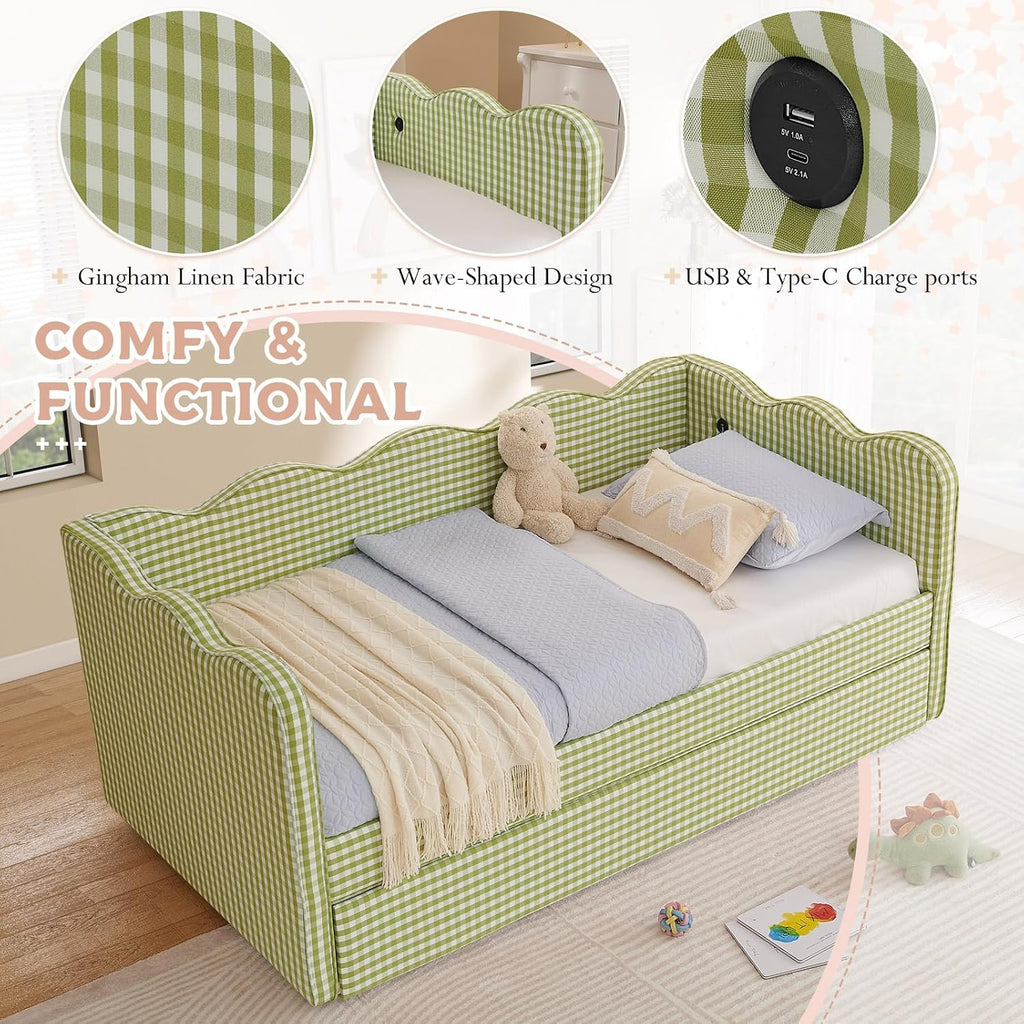 Twin Size Daybed with Pop Up Trundle, Linen Gingham Twin to King Daybed with USB Ports, Upholstered Day Bed Frame