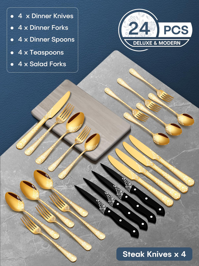 24-Piece Gold Silverware Set with Steak Knives, Stainless Steel Flatware Set for 4, Mirror Gold Cutlery with Unique