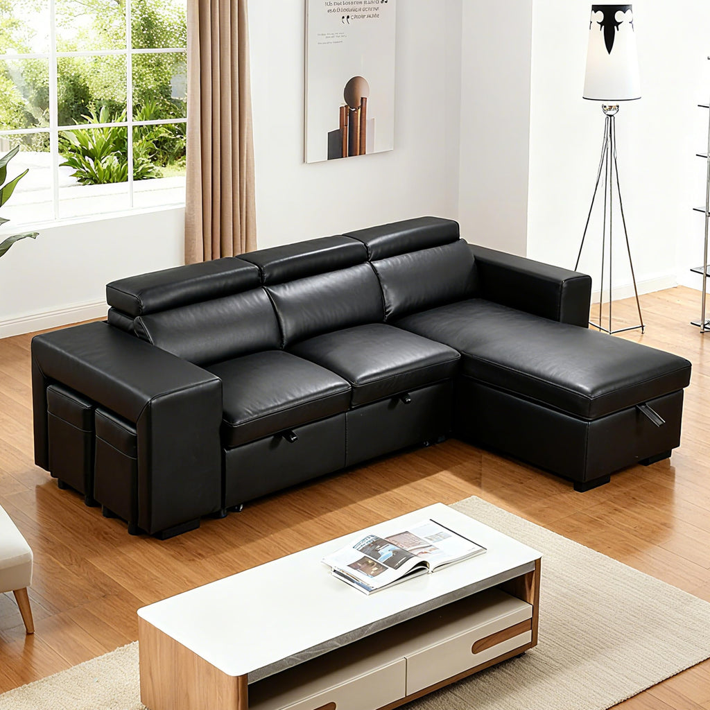 102'' Black Leather L Shaped Sectional Sleeper Sofa with Pull Out Bed