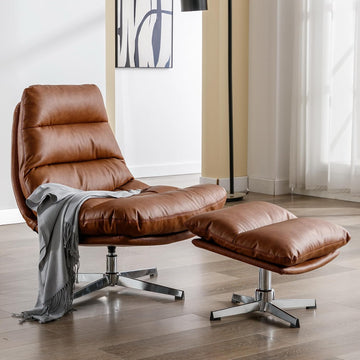 Swivel Accent Chair with Ottoman, Mid Century Modern Faux Leather Lounge Chair with footrest, Comfy Oversized
